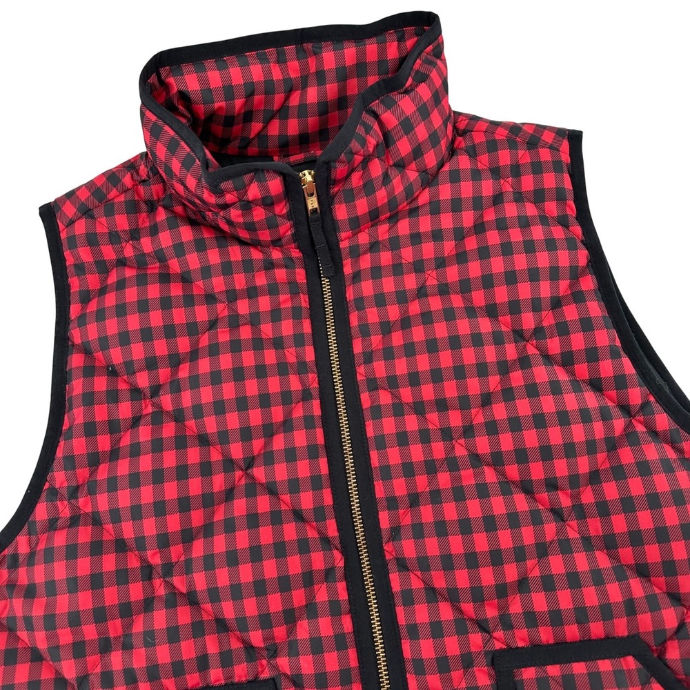 J. Crew Quilted Buffalo Plaid Down Vest Red Black Full Zip Puffer Pockets Size L